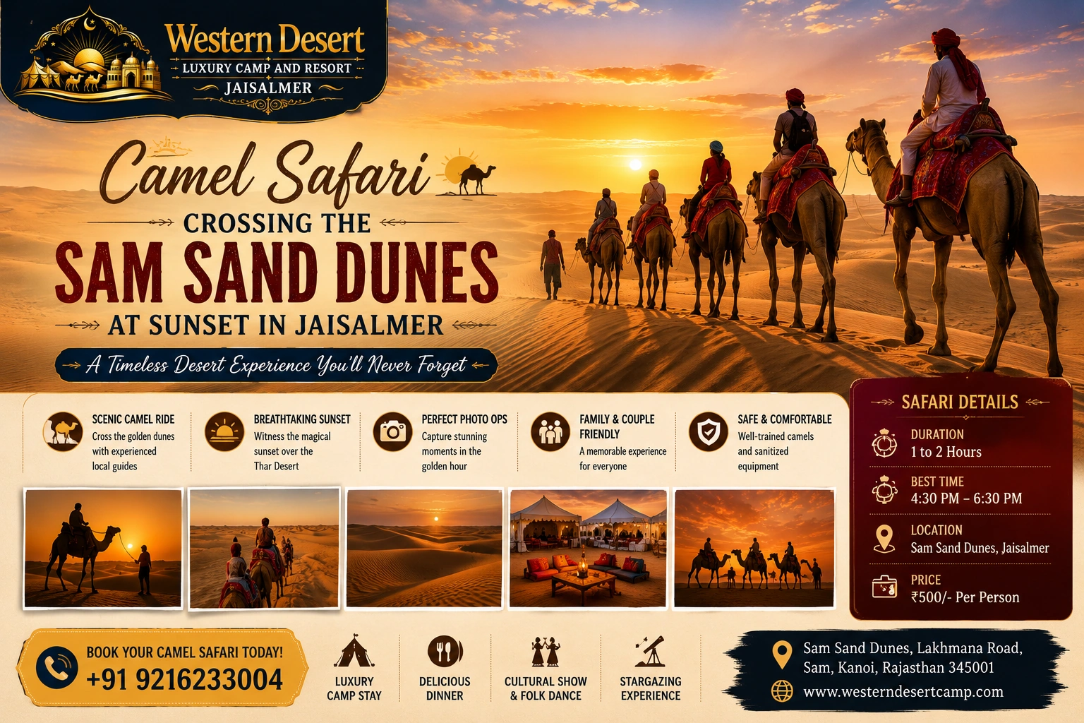 Camel safari crossing the Sam Sand Dunes at sunset in Jaisalmer